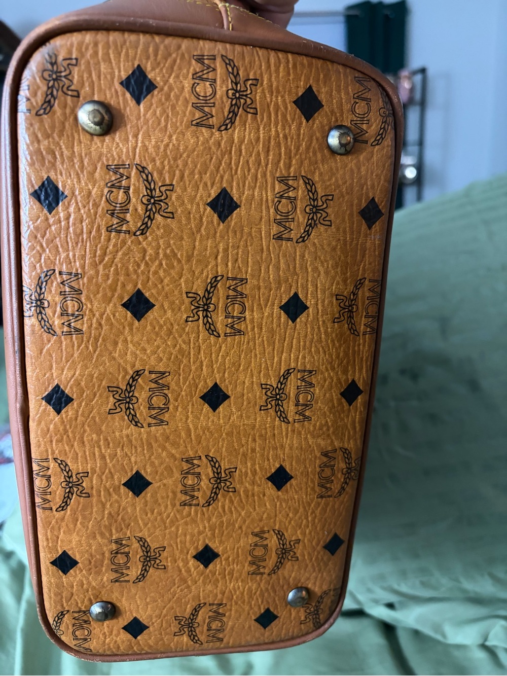 MCM Cognac Logo Print Leather Tote with Gold Plaque. - Picture 3 of 6